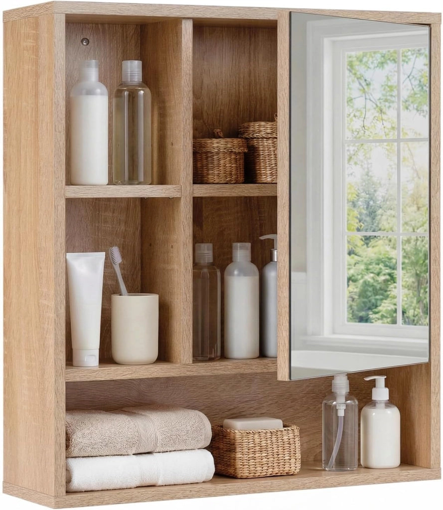 Mobile Bagno con Specchio da Parete, Specchiera Salvaspazio in Legno con Ripiano Regolabile e Scomparti Aperti, Armadietto Pensile per Bagno, Soggiorno e Cucina, 55 x 16,5 x 61 cm (Naturale)