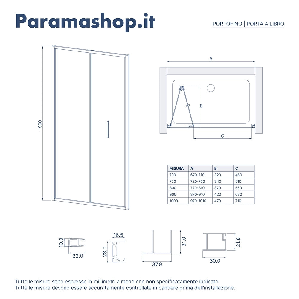 Porta doccia 90cm con apertura a libro profili slim nero opaco vetro 6mm trasparente h190 | Portofino