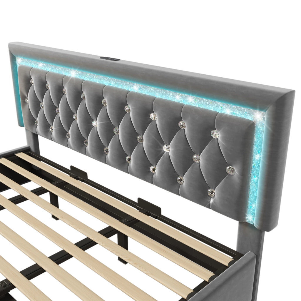 LETTO 180x200 cm in Velluto Grigio con contenitore, LED, USB e USB-C