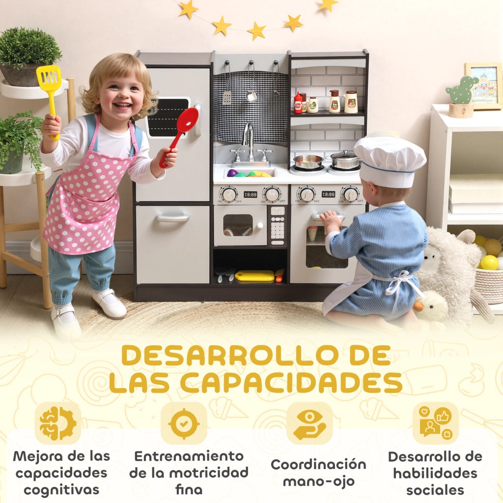 Cucina Giocattolo in Legno con Sonoro e Accessori Acciaio Inox per Bambini 3+ Anni ¨C zephmum ¨C Marrone Scuro