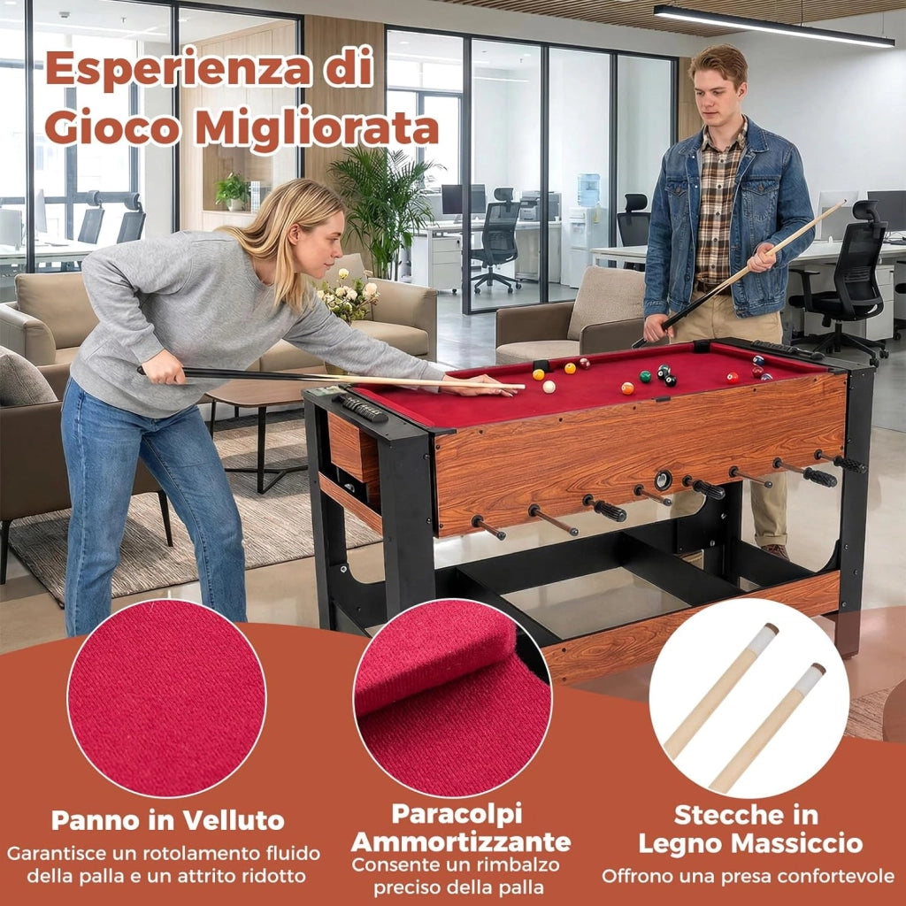 2 in 1 Calcio Balilla, Tavolo da Biliardo con 2 Palline, Stecche Triangolo Spazzola e Gessetti, Tavolo Multigioco per Casa Sala Giochi e Feste