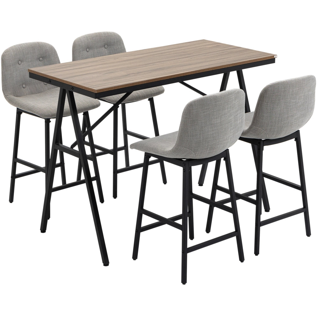 Set 5 pezzi tavolo bar con 4 sgabelli in metallo marrone chiaro 120x60x91 cm