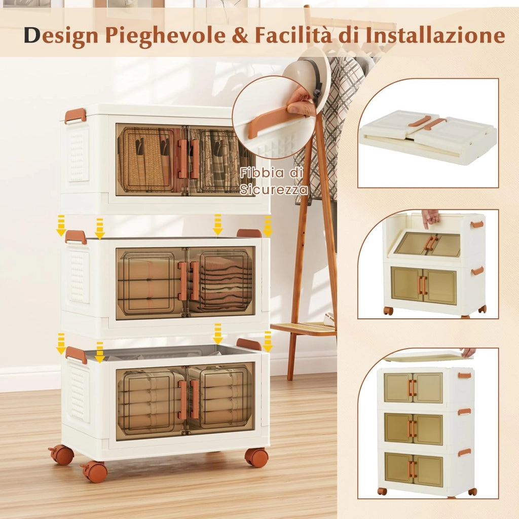 Contenitori Pieghevoli con Coperchio, Set da 4/3 Scatole di Plastica Impilabili con Ruote, per Organizzatore di Armadio con Porte a Apertura Frontale, Multiuso (68,5 x 37,5 x 107 cm)