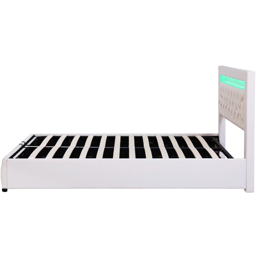 Letto matrimoniale imbottito 140x200 cm con rete a doghe; contenitore e LED; bianco in PU