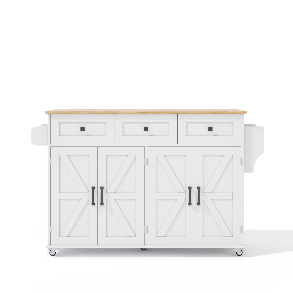 Isola da Cucina Mobile 140x43/70x90;5 cm Bianca con Piano Ribaltabile; 3 Cassetti; 4 Ante e 5 Ruote