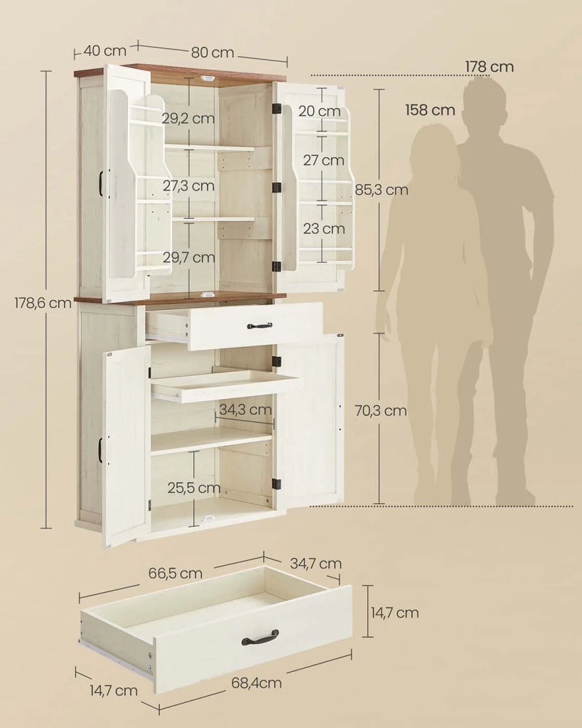 Credenza alta da cucina mobiletto portaoggetti 40 x 76 x 178 cm ampio spazio con un cassetto 4 ripiani regolabili 6 ripiani sull'anta per soggiorno/cucina bianco 12_0004536