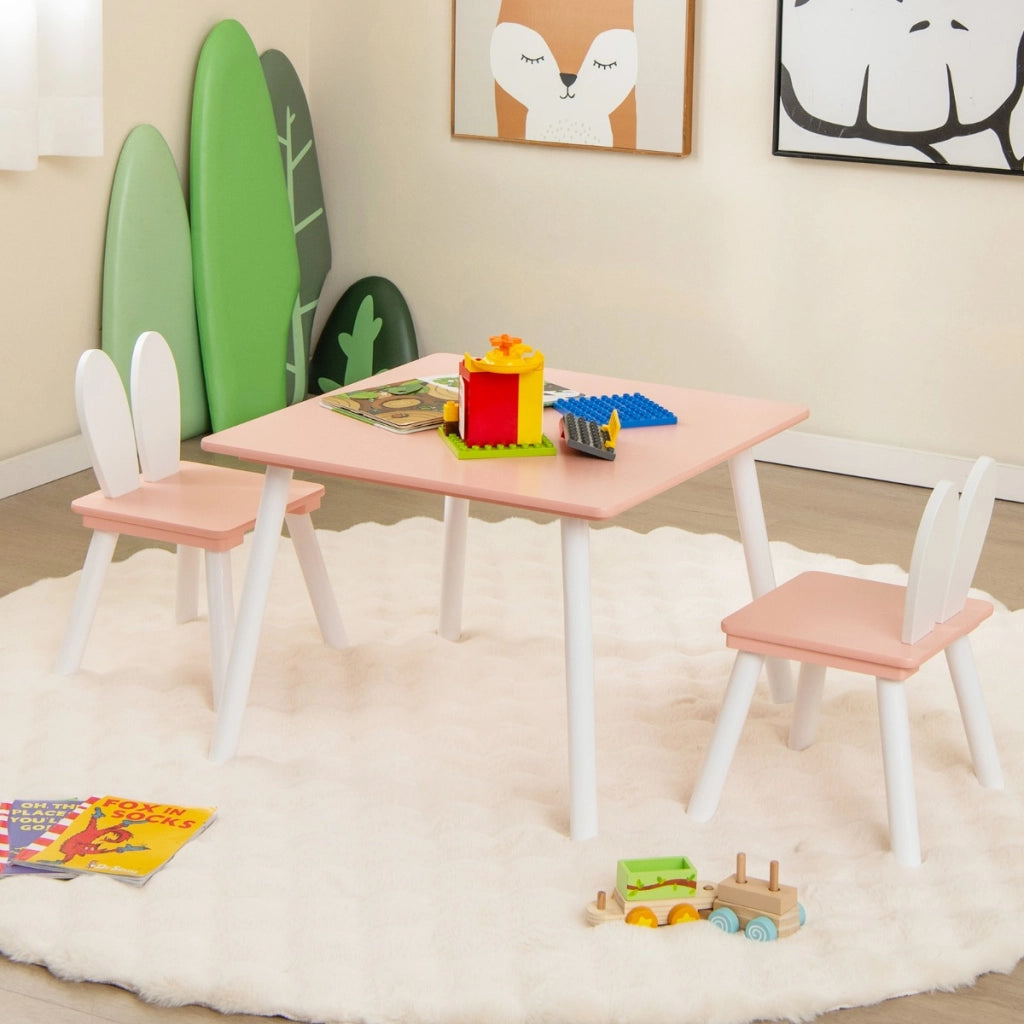 Set tavolo sedie per bambini 3 pezzi per arte, Tavolo e 2 sedie a coniglio gambe in legno massiccio Rosa-Tavoli e sedie