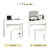 Tavolo da Trucco con Specchio Richiudibile, Tavolo da Trucco Moderno, con Sgabello, Vano Contenitore (4 Scomparti), MDF Bianco, 80x40x79 cm
