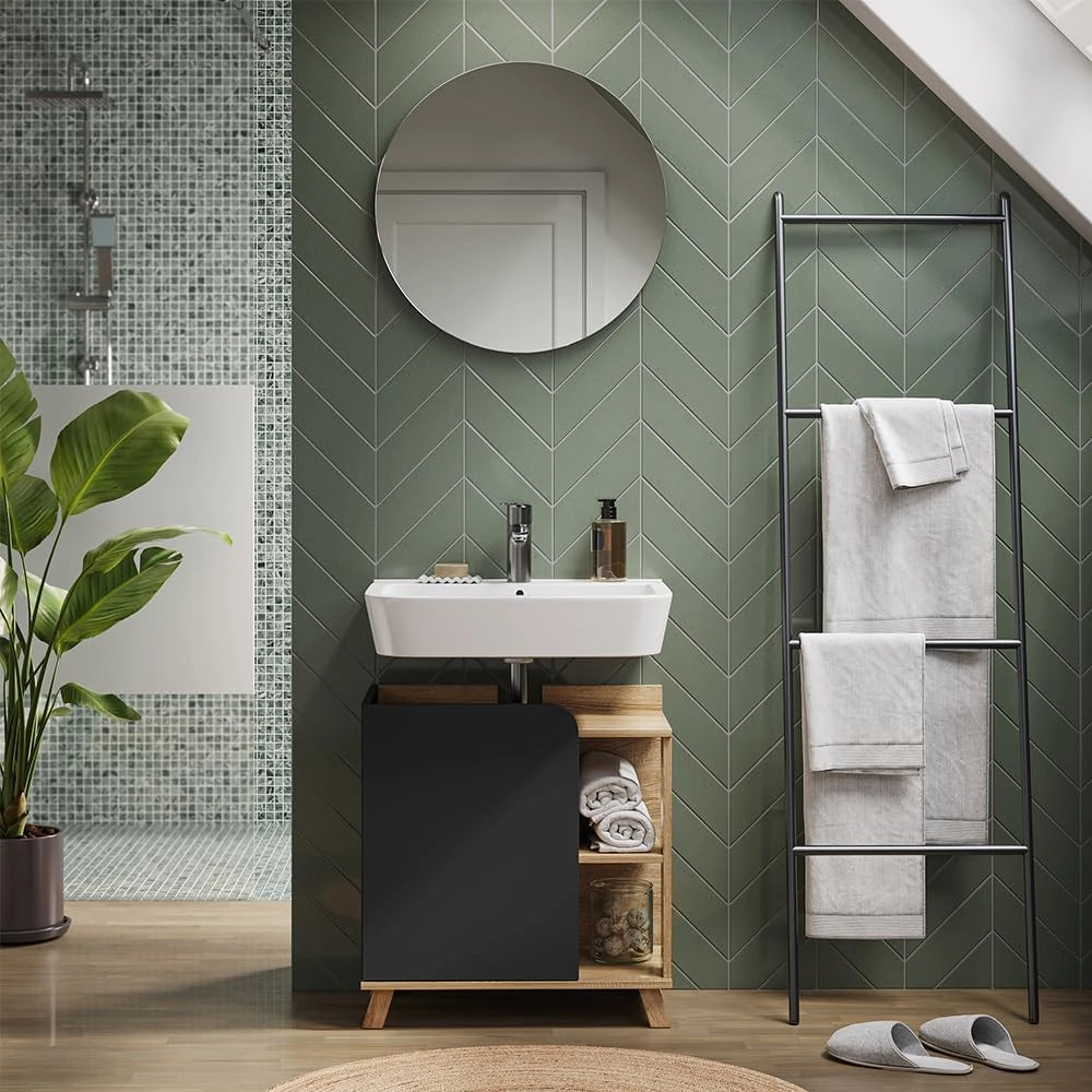 Set di mobili da bagno Karen, Sonoma/antracite, 60 cm, composto da specchio da bagno e mobile sottolavabo
