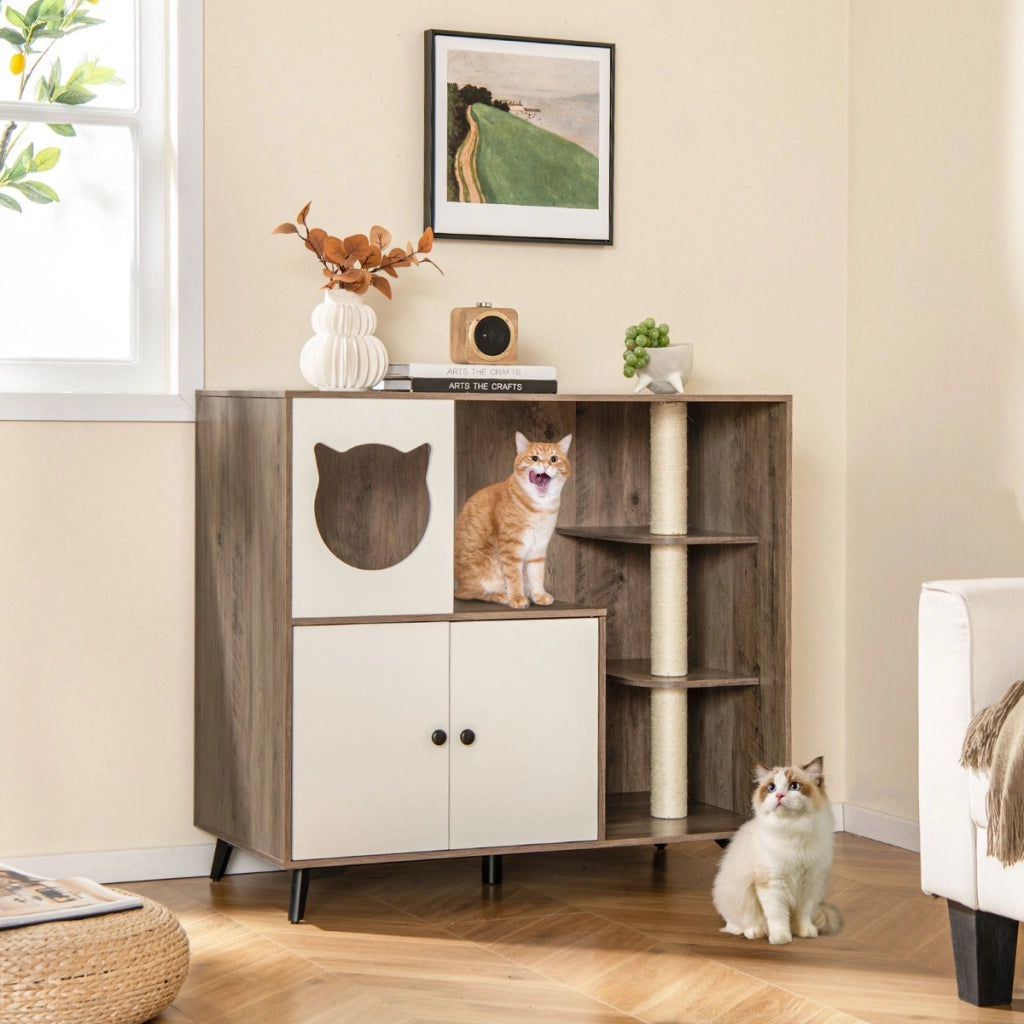 Mobile per lettiera per gatti con 3 pali in sisal per grattare 5 gambe di supporto, Mobile per lettiera 5 in 1 da interno Grigio-Lettini e divanetti