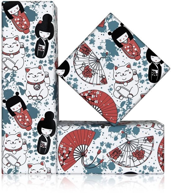 Pacco di carta da regalo stile giapponese - 4 fogli 50x70cm - Disegno tradizionale - Rosso/bianco con fiori