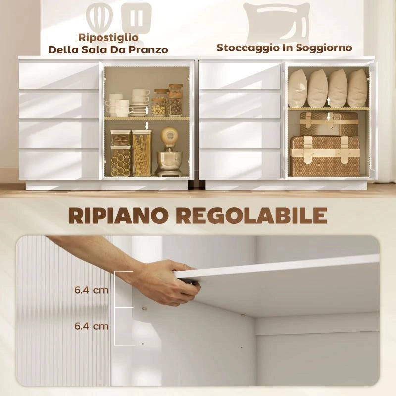 CREDENZA BUFFET IN LEGNO CON 4 CASSETTI E ARMADIETTO CON ANTE IN VETRO E RIPIANI REGOLABILI, 120X40X91 CM, BIANCO