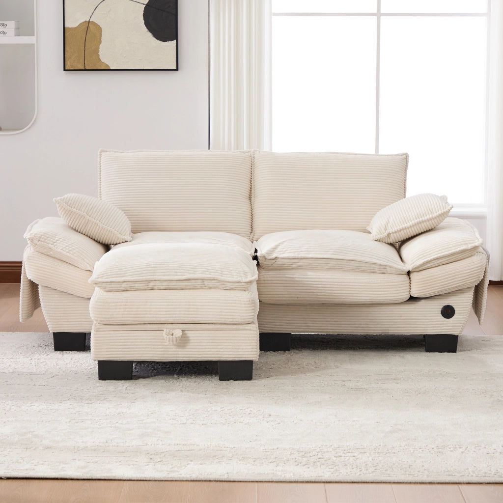 Divano modulare 2 posti in corduroy con pouf, seduta ergonomica, porta USB-C, tasche laterali e cuscini beige
