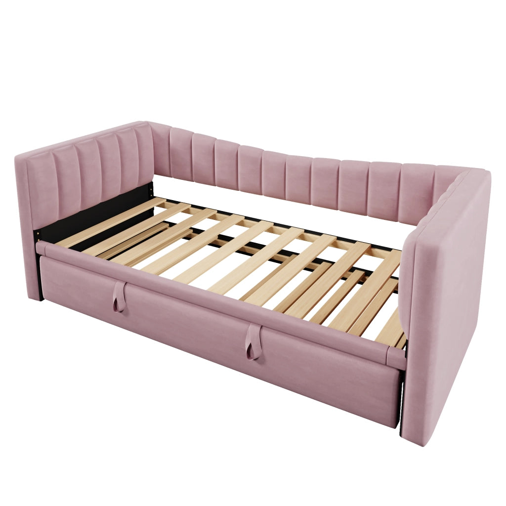 Letto estraibile singolo 90×200 cm e 90×190 cm in velluto con letto inferiore; senza materasso; rosa