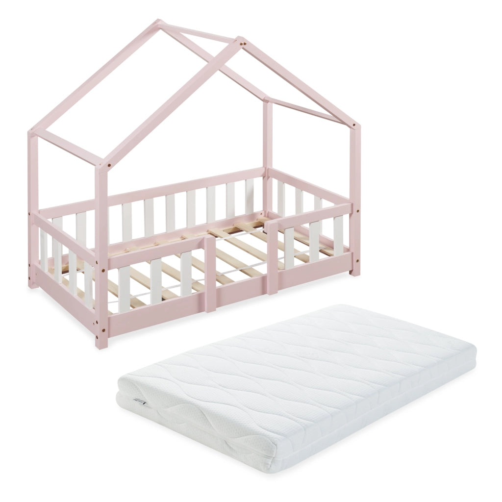 Letto per Cameretta Treviolo a Forma di Casetta in Stile Montessori con Materasso 70x140 cm - Rosa/Bianco [en.casa]