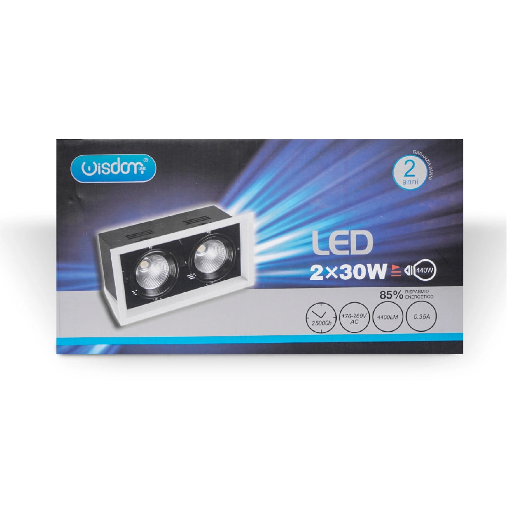 Faro led orientabile da incasso led cob 2x30w 4000K luce naturale