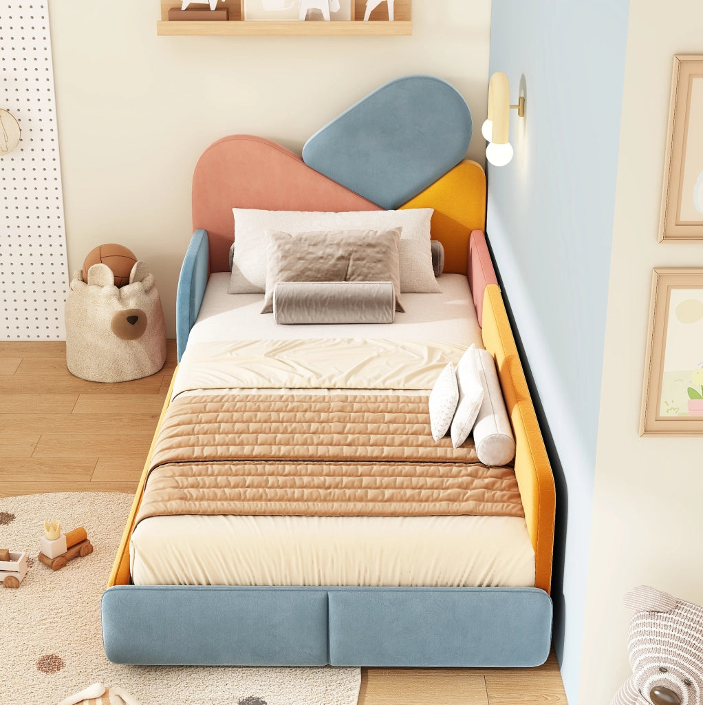 Letto imbottito 90x200 cm con protezione laterale rialzata in velluto multicolore