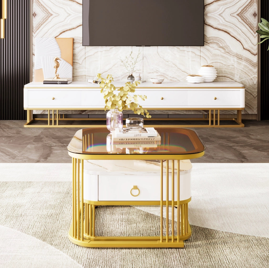 Set di 2 tavolini da caffè modulari bianchi e oro con piano effetto marmo e cassetto