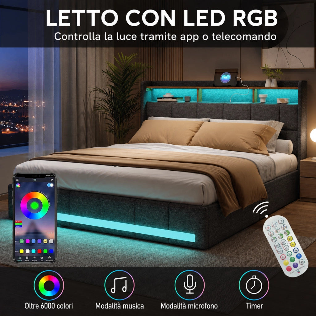 Letto matrimoniale 160x200 cm tessuto grigio, testiera contenitore con ricarica USB e USB-C, LED RGB APP telecomando, 4 cassetti estraibili