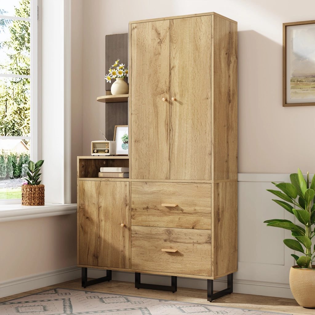 Mobile d'Ingresso con 1 Anta; 2 Cassetti; Barra Estraibile e Nicchie; Pannelli in Tessuto; Moderno; in MDF; Nero e Naturale; 110??38??186 cm