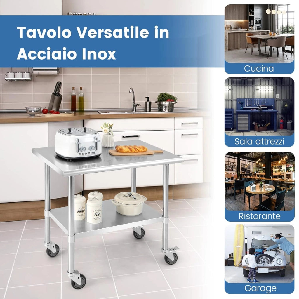 Tavolo da Lavoro in Acciaio Inox, Tavolo di Preparazione Alimentare/Porta Attrezzi con Ruote e Ripiano Inferiore Regolabile, per Cucina, Ristorante, Officina e Garage, 91,5 x 61 x 89,5 cm