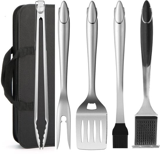 Set di accessori per barbecue da esterno con spatola, forchetta, spazzola e pinza