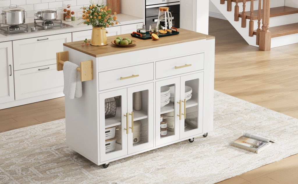 Carrello da cucina con piano estraibile, 2 cassetti, 2 ante in vetro, per cucina, in MDF bianco, 132,5-217 × 50 × 93 cm