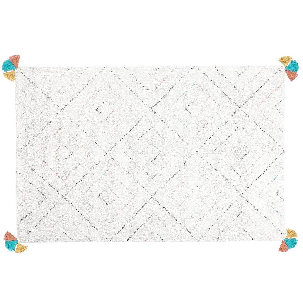 Tappeto tappetino Shaggy Cotone Bianco 140 x 200 cm Motivo Geometrico Multicolore