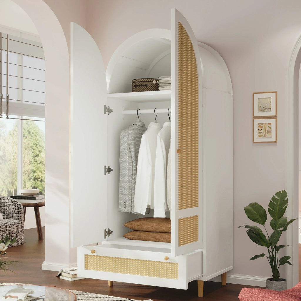 Armadio con asta e cassetto; design ad arco in rattan; per camera e ingresso; in MDF bianco; 80 × 50 × 180 cm