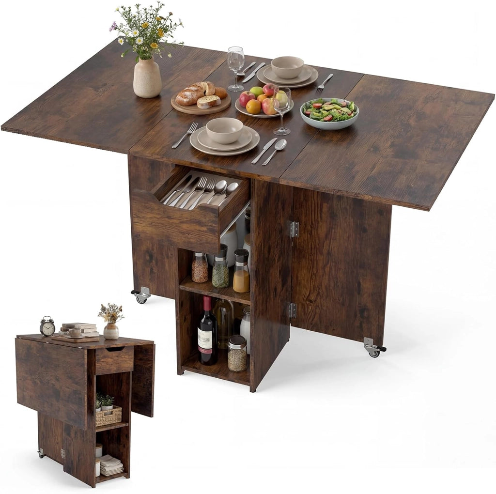 Tavolo da Pranzo Pieghevole, Mobile da Cucina con Ali Pieghevoli, 1 Cassetto e 2 Ripiani Aperti, per 2-4 Persone, Salvaspazio, 120 x 72 x 75 cm, Ideale per Sala e Cucina
