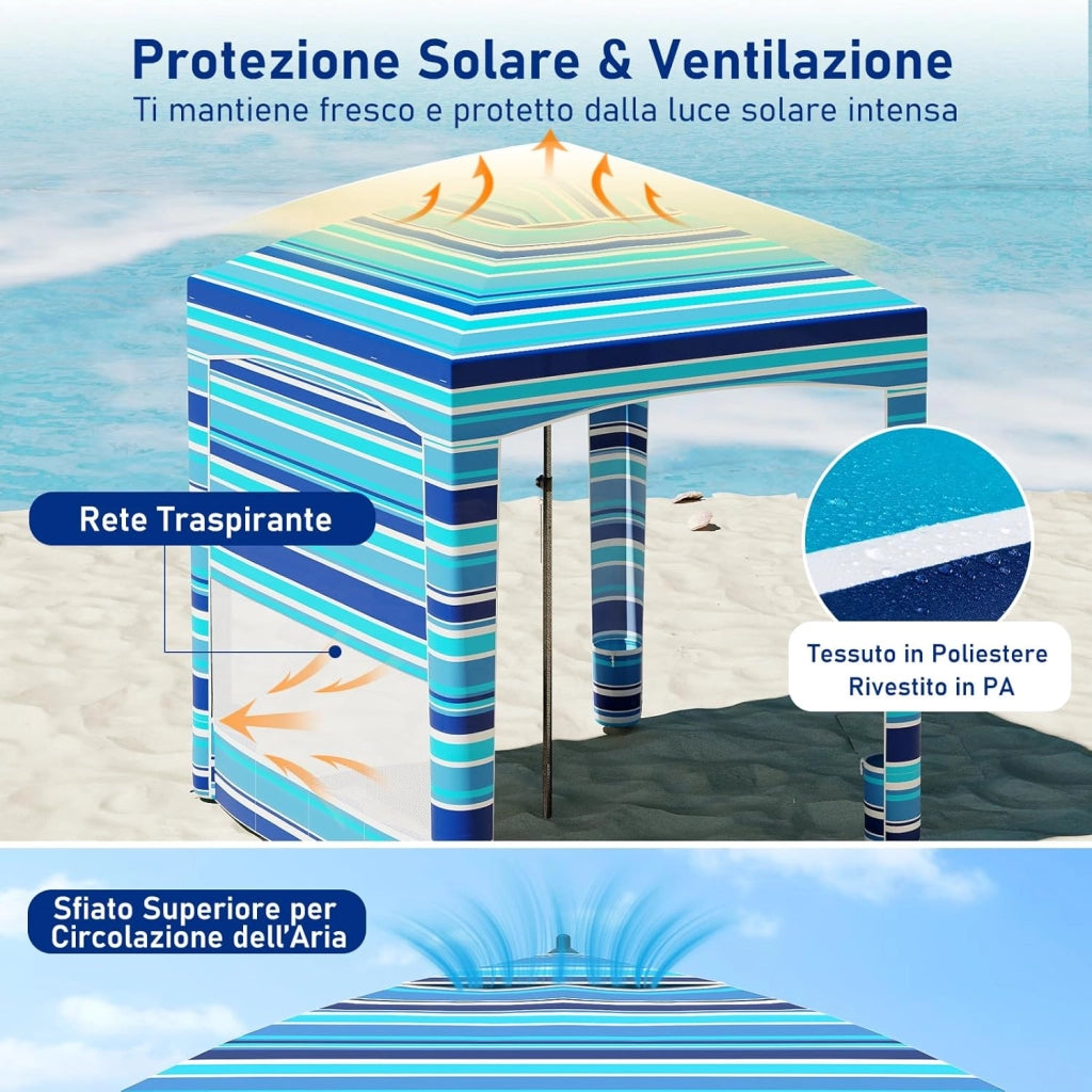 Tenda da Spiaggia Pieghevole, Tenda da Mare con Parete Laterale Rimovibile e Borsa Portatile, Regolabile in Altezza, per Spiaggia, Campeggio e Picnic (Blu Scuro+Bianco, 185 x 185 cm)
