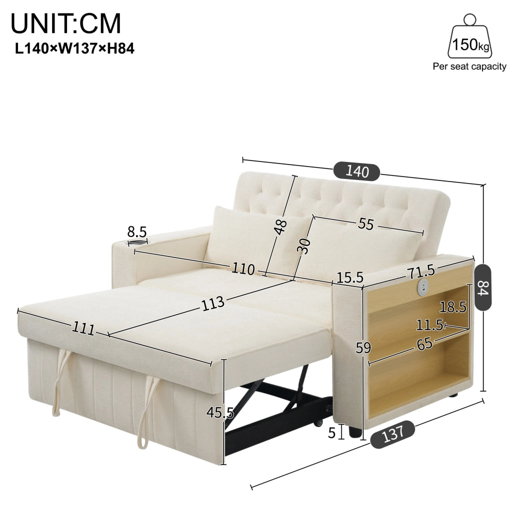 Divano letto 2 posti con schienale regolabile; USB e portabicchieri; ciniglia beige