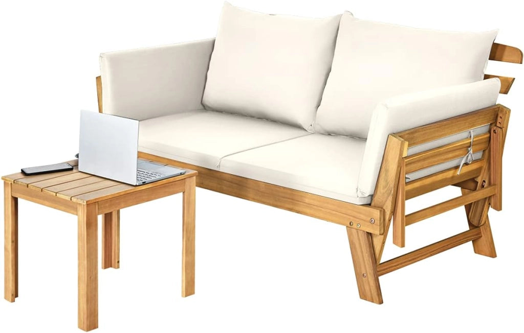 Divano Esterno Giardino 2 Posti, 2 in 1 con Cuscino Morbido, Divanetto da Esterno in Legno di Acacia con Braccioli Regolabili, Sdraio per Terrazza e Cortile, 198/157 x 75 x 75 cm (Bianco)