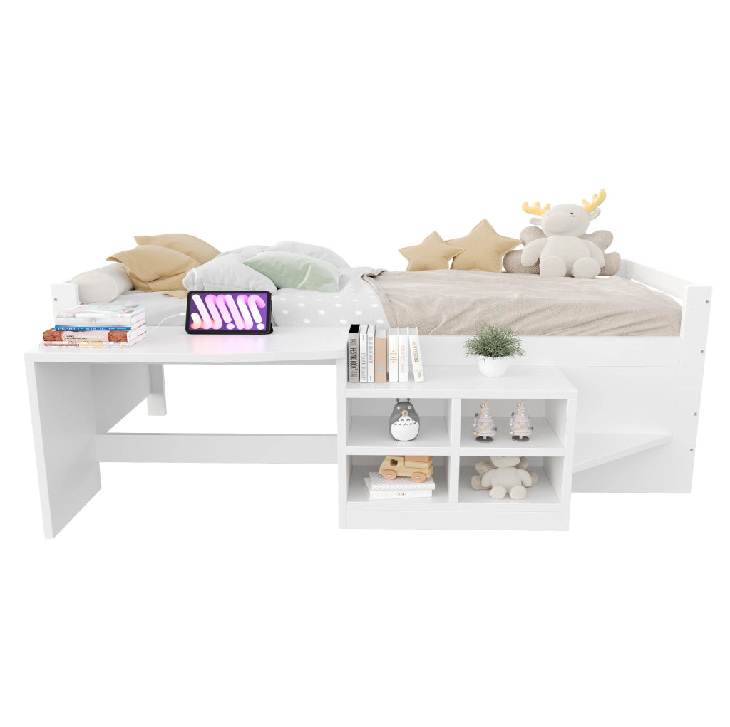 Letto multifunzione 90x200 cm bianco con scrivania e USB