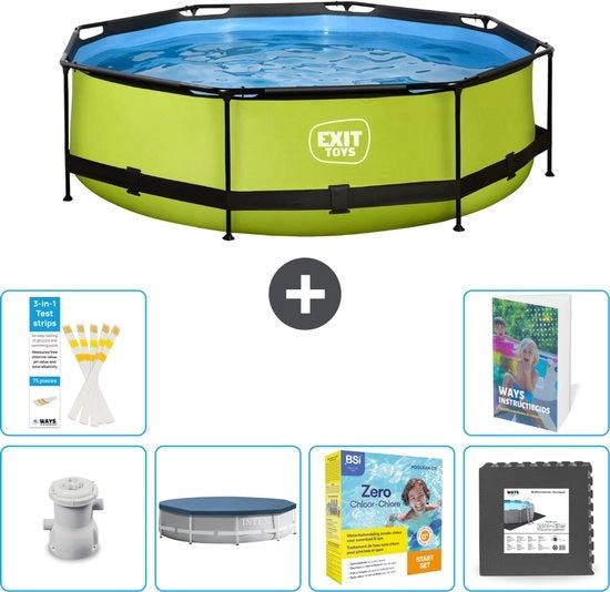 Piscina Rond con Cornice Lime - 300 x 76 cm - Inclusa Pompa Copertura - Kit Manutenzione - Gres Ceramico - 7 pezzi