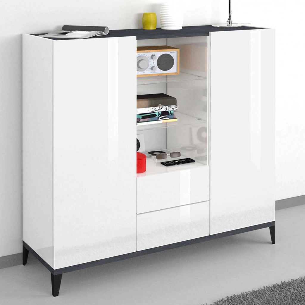 Credenza moderna a 2 ante e 2 Scirocco, Made in Italy, Madia con ripiani, Buffet di design da ingresso, Cm 120x40h133, Bianco lucido e Ardesia