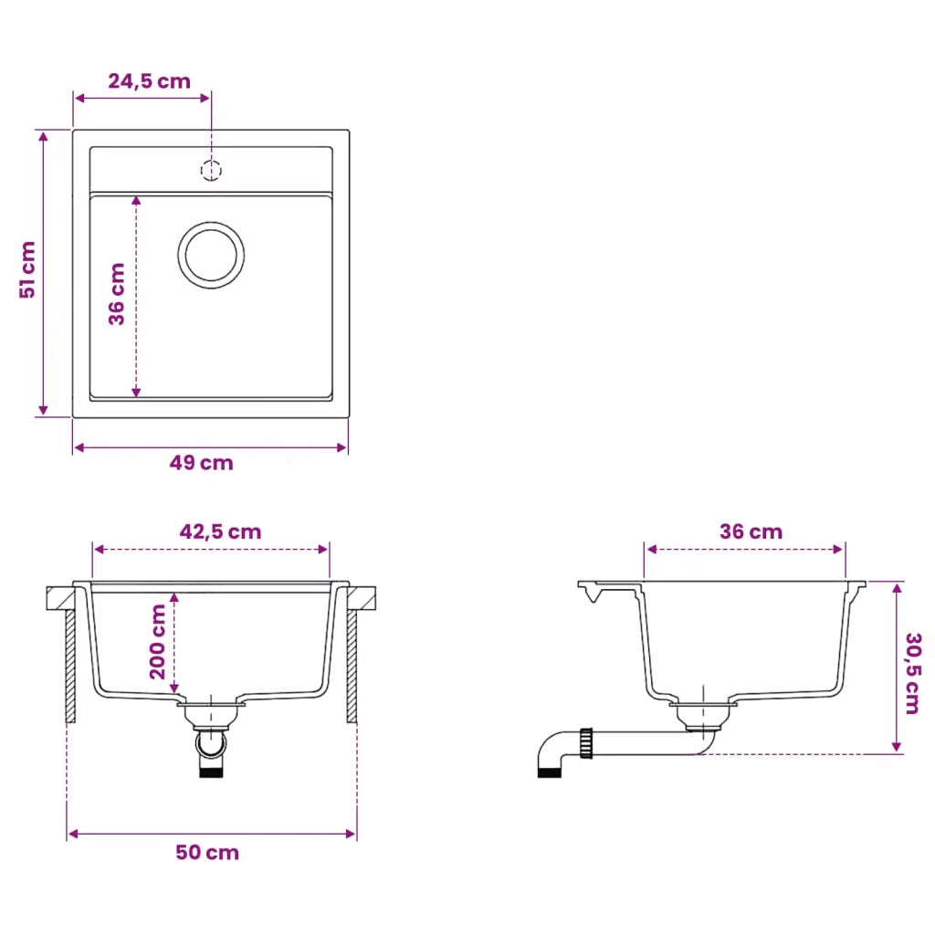 Lavello cucina una vasca Granito 49 x 51 x 30,5 cm Grafite 42053755
