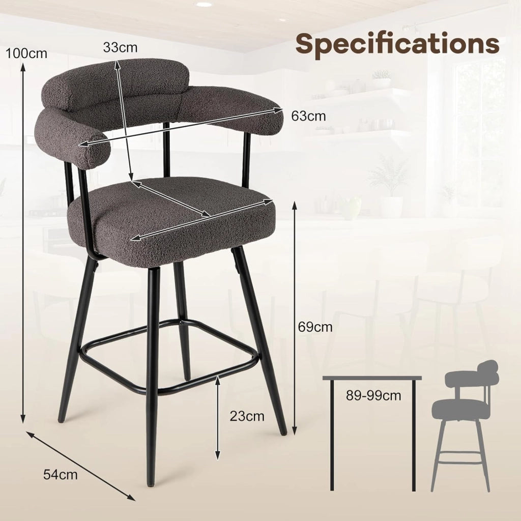 Set di 2 Sgabelli da Bar Girevoli Altezza 69 cm, Sedie Moderne Imbottite con Tessuto Boucle, Schienali Curvi e Gambe in Metallo, Sedie Girevoli per Isola Cucina, Casa, Bianco/Grigio (Grigio)