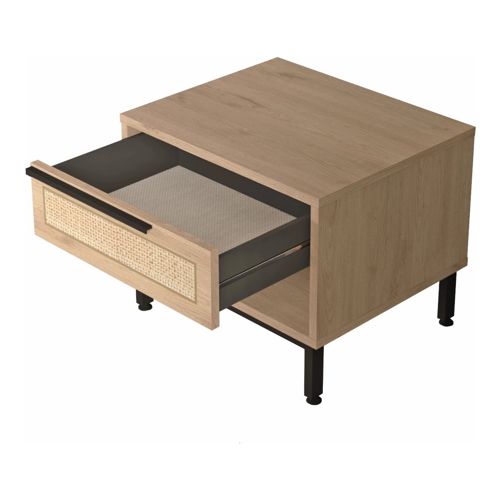 Comodino Kvænangen con Cassetto e Scomparto Aperto - Effetto Rovere / Rattan [en.casa]