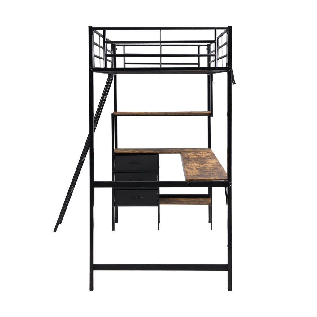 Letto a Soppalco 90x200 cm; Scrivania da 2 m; 3 Cassetti e Scala Inclinata - Nero