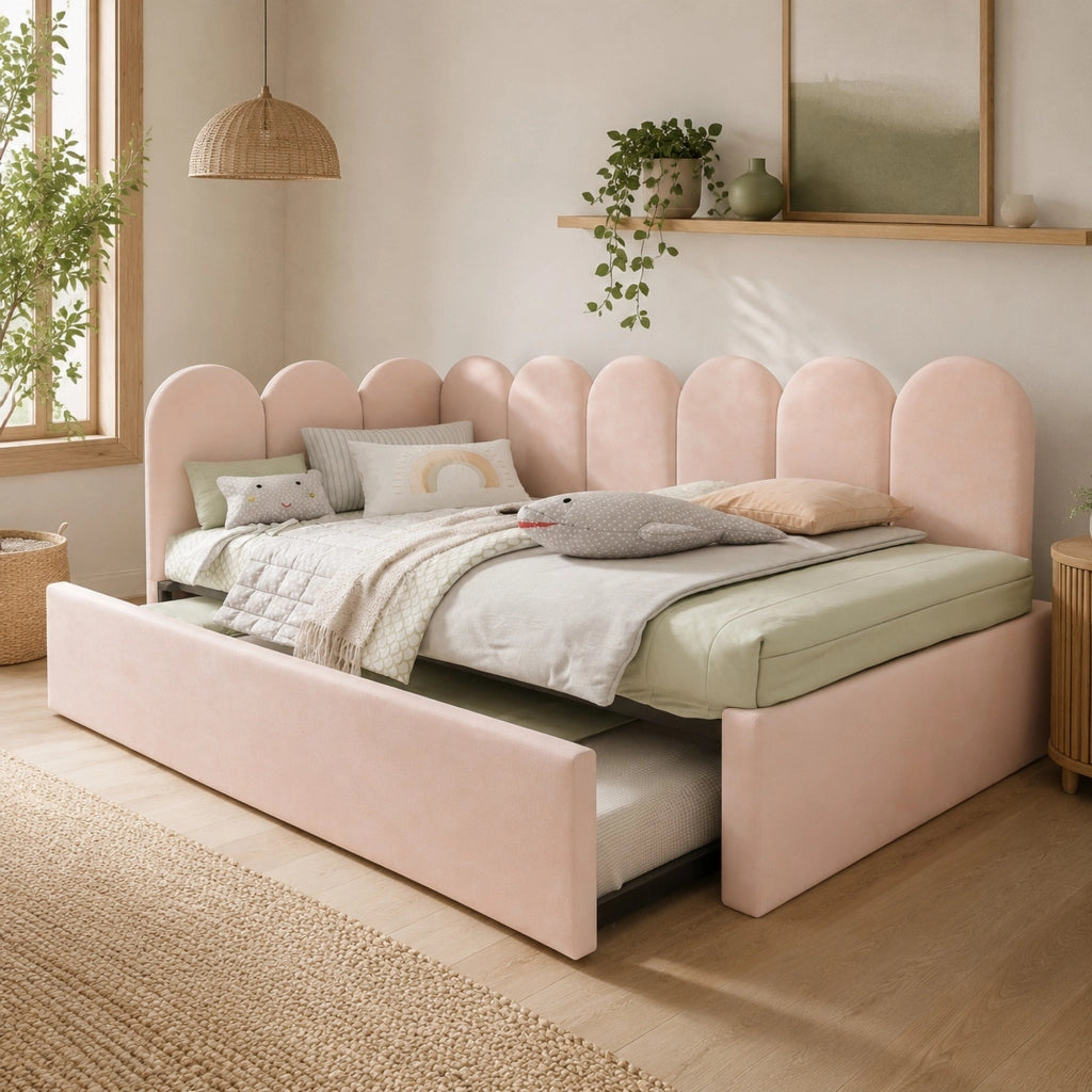 Letto daybed imbottito con letto estraibile 90x200 cm, velluto rosa, con rete, senza materasso
