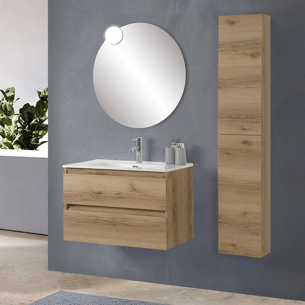 Mobile bagno sospeso 80 cm in legno quercia naturale 2 cassettoni con lavabo e specchio Leda