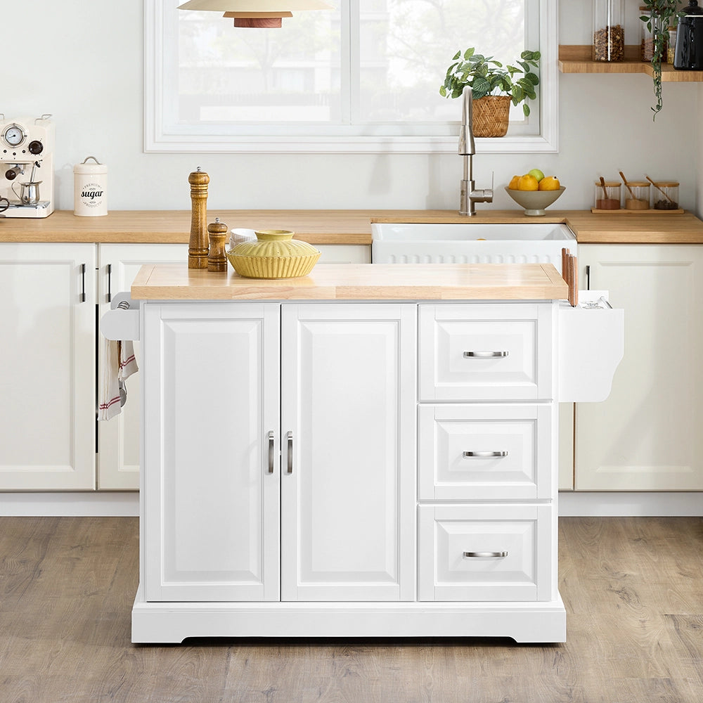 SoBuy | Isola cucina bianca con 4 ruote | Carrello cucina con 2 porte | Cucina a penisola con 3 cassetti | 128.0x71.0x90.5 cm | Capacità di carico 94 kg | FKW41-II-WN