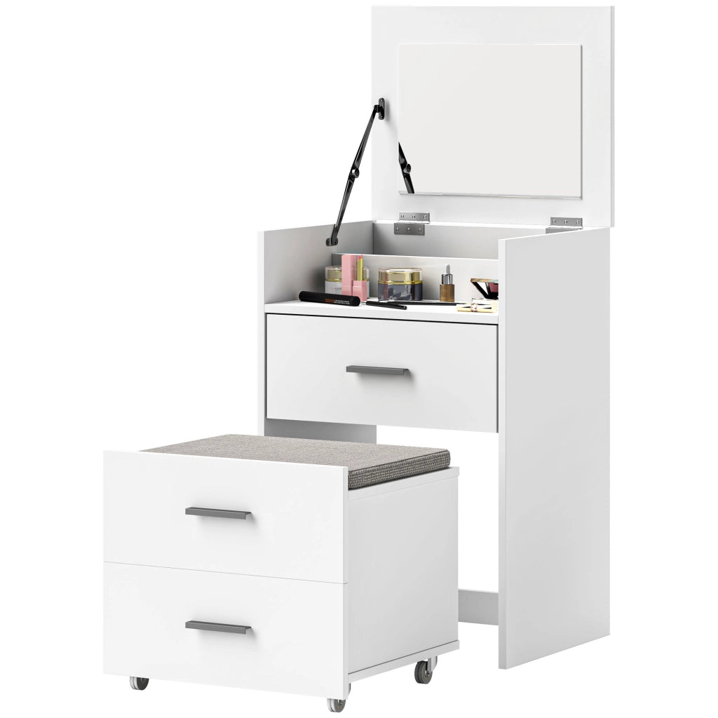 Tavolo da trucco con specchio, 2 cassetti e sgabello ¨C zephmum ¨C Bianco, legno, 50x40x113.5 cm