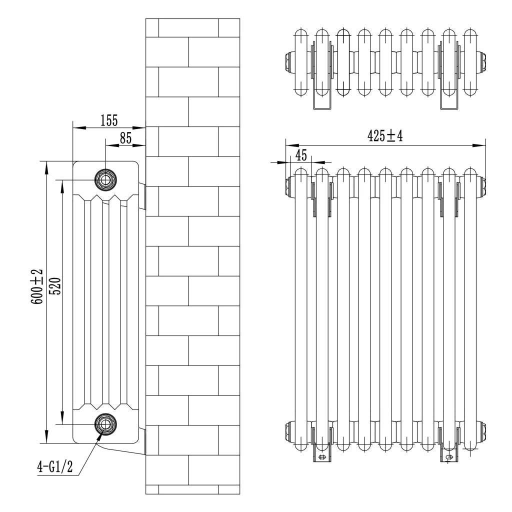 Radiatore Tradizionale 4 Colonne Orizzontale Antracite 600 x 425 mm