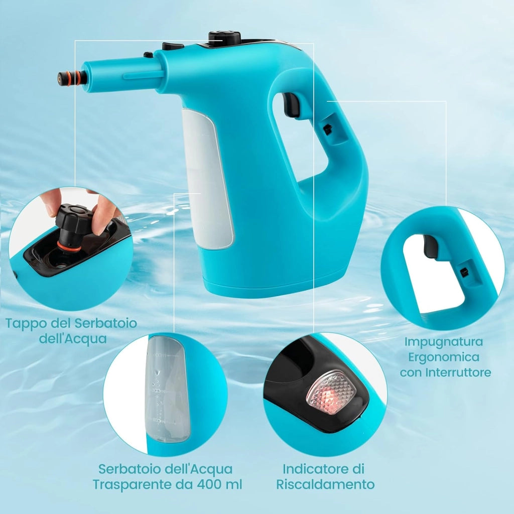 1500W Pulitore a Vapore Portatile, Macchina a Vapore con Serbatoio d'Acqua da 400 ml Blocco per Bambini e Kit di Accessori da 14 Pezzi, 33x13x24,5 cm (Blu)