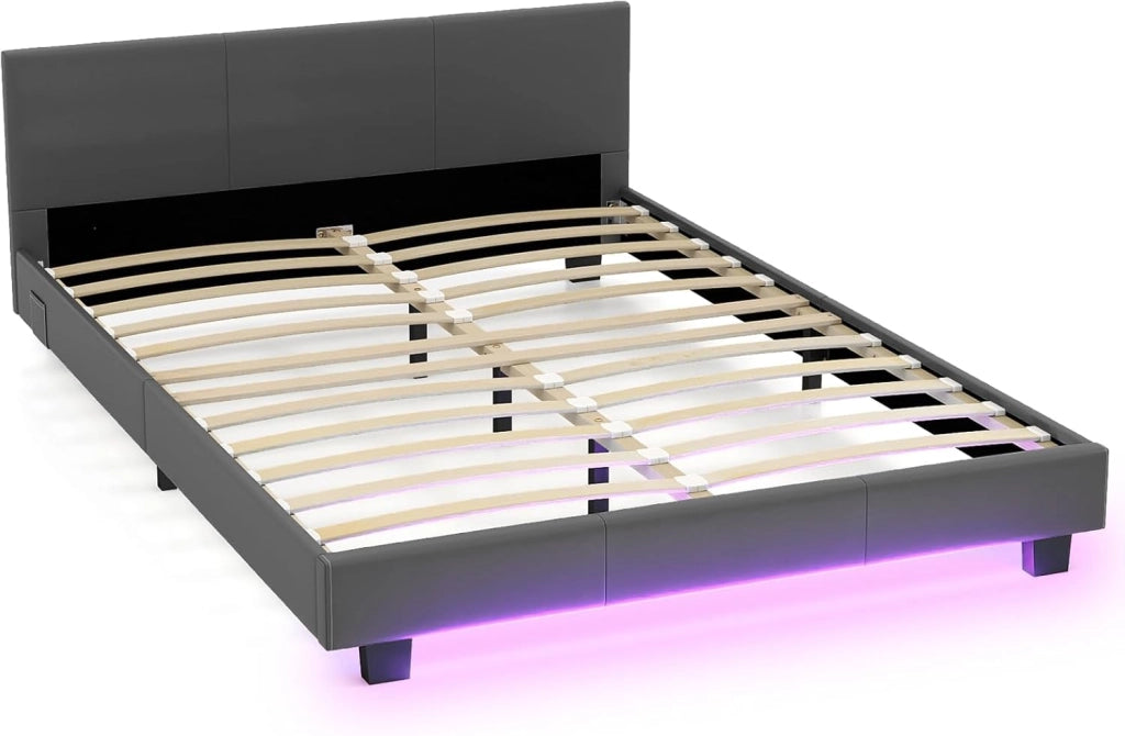 Letto imbottito 140 x 200 cm, struttura letto con illuminazione LED regolabile 16 colori, letto matrimoniale con testiera imbottita e doghe in legno, telaio del letto con rivestimento in