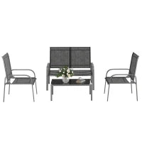 Set da Esterno 4pz con Tavolino, 2 Sedie e Divanetto con Schienale Regolabile, in Acciaio e Textilene Nero