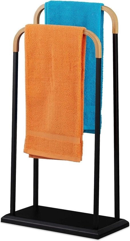 Raccoglitore di asciugamani per mano e corpo in metallo e bambù - In piedi - 85x45x22 cm - Nero