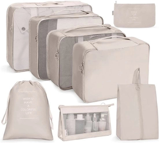 Organizzatore di valigia 8-delicato – Set di contenitori di archiviazione – Organizzatore di viaggio impermeabile per abbigliamento, scarpe e articoli da toeletta – Beige